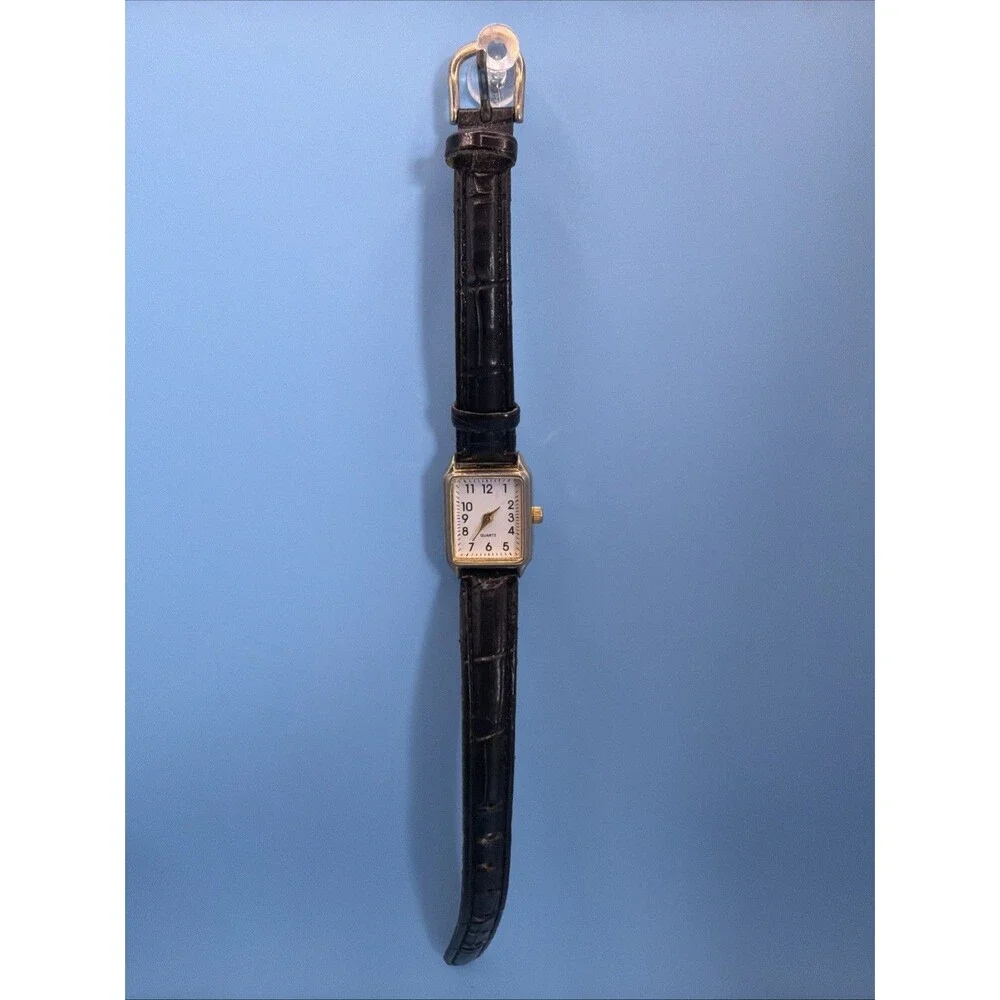 Women's Gold Tone Rectangle Quartz Watch Black Band 57818KMT New Battery